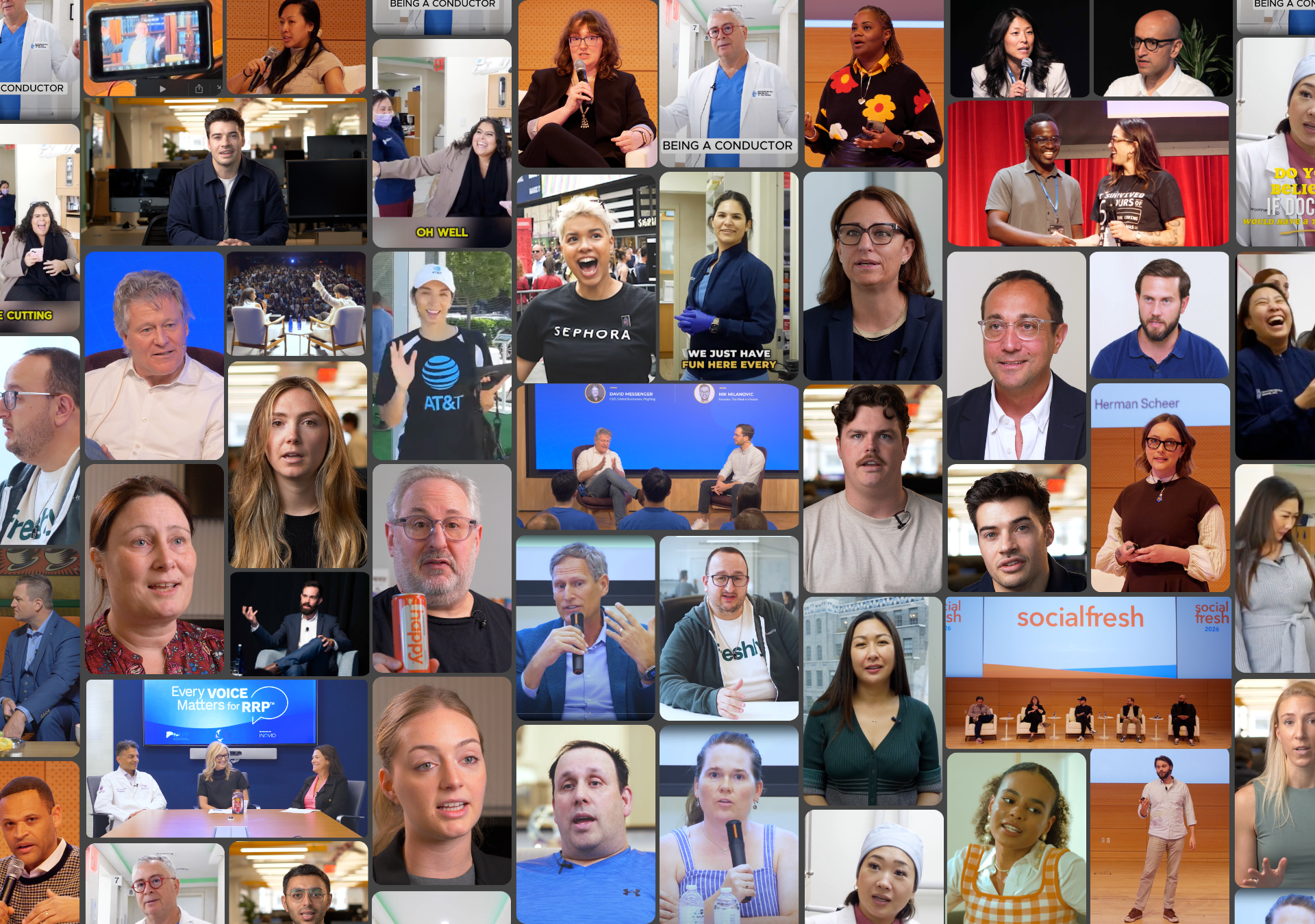 Mosaic of interview subjects and client footage filmed by Bia Production